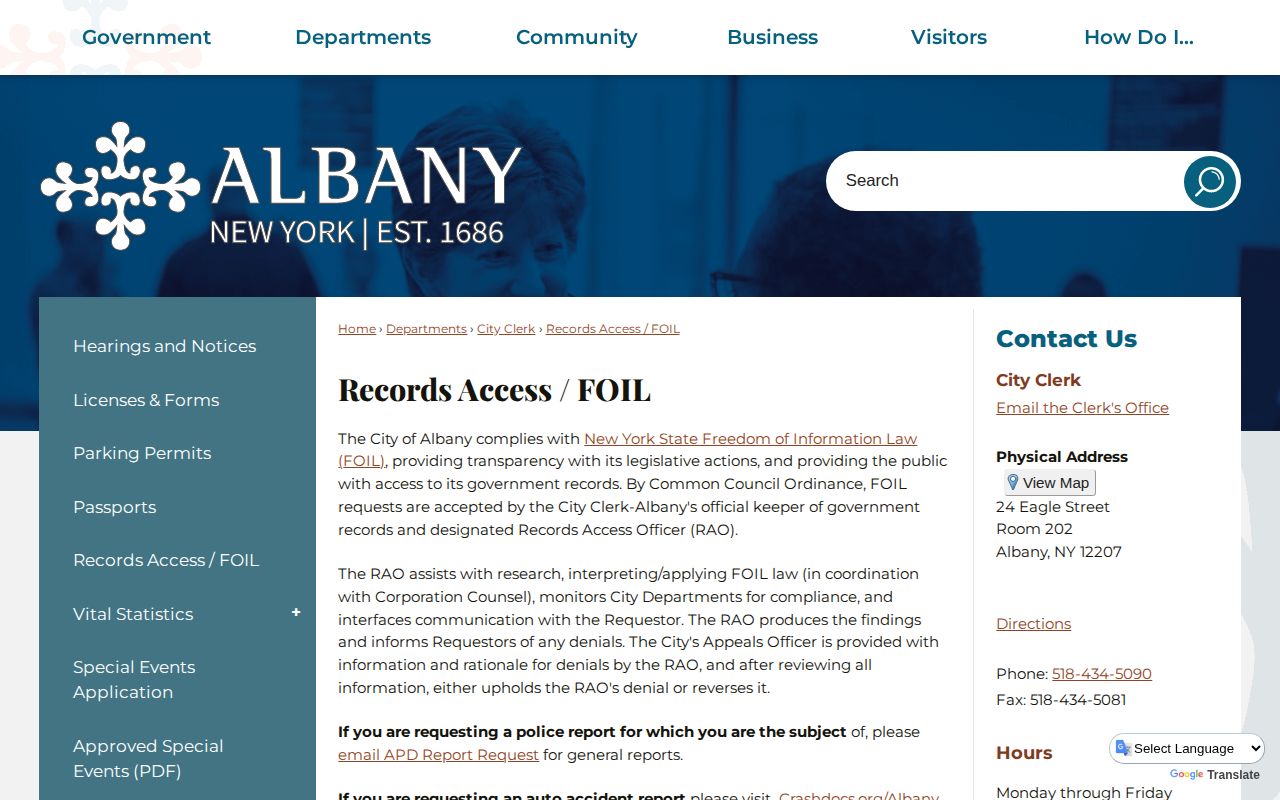 City of Albany FOIL page for Albany arrest-record requests