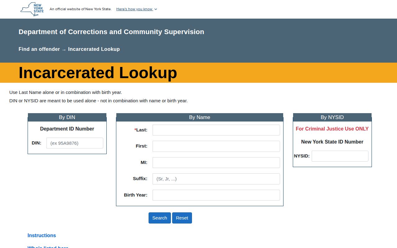 New York State DOCCS Albany County state-custody offender search interface