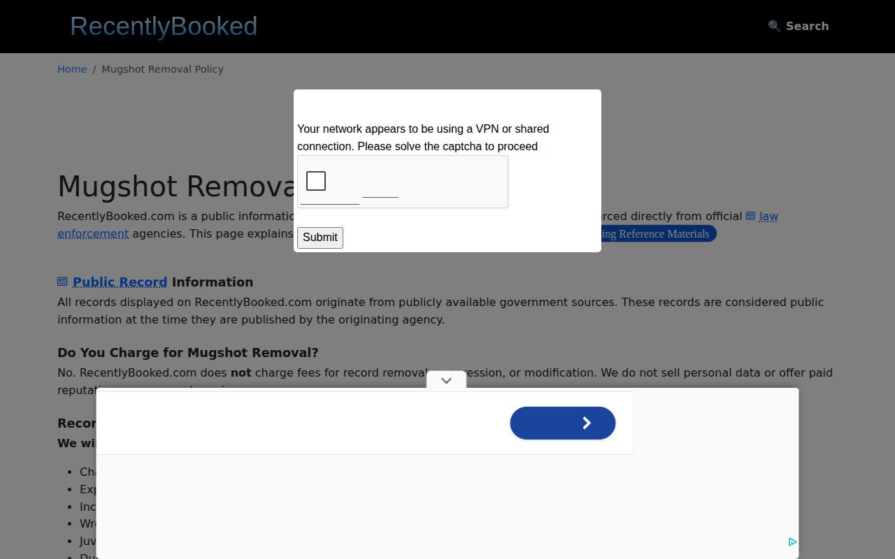 Albany County booking-record correction policy page from a third-party publisher
