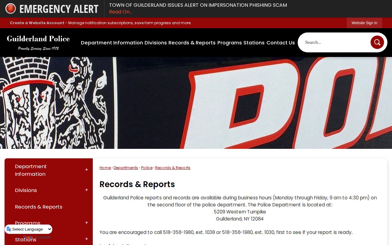 Guilderland Police records page for a Guilderland booking or mugshot records request
